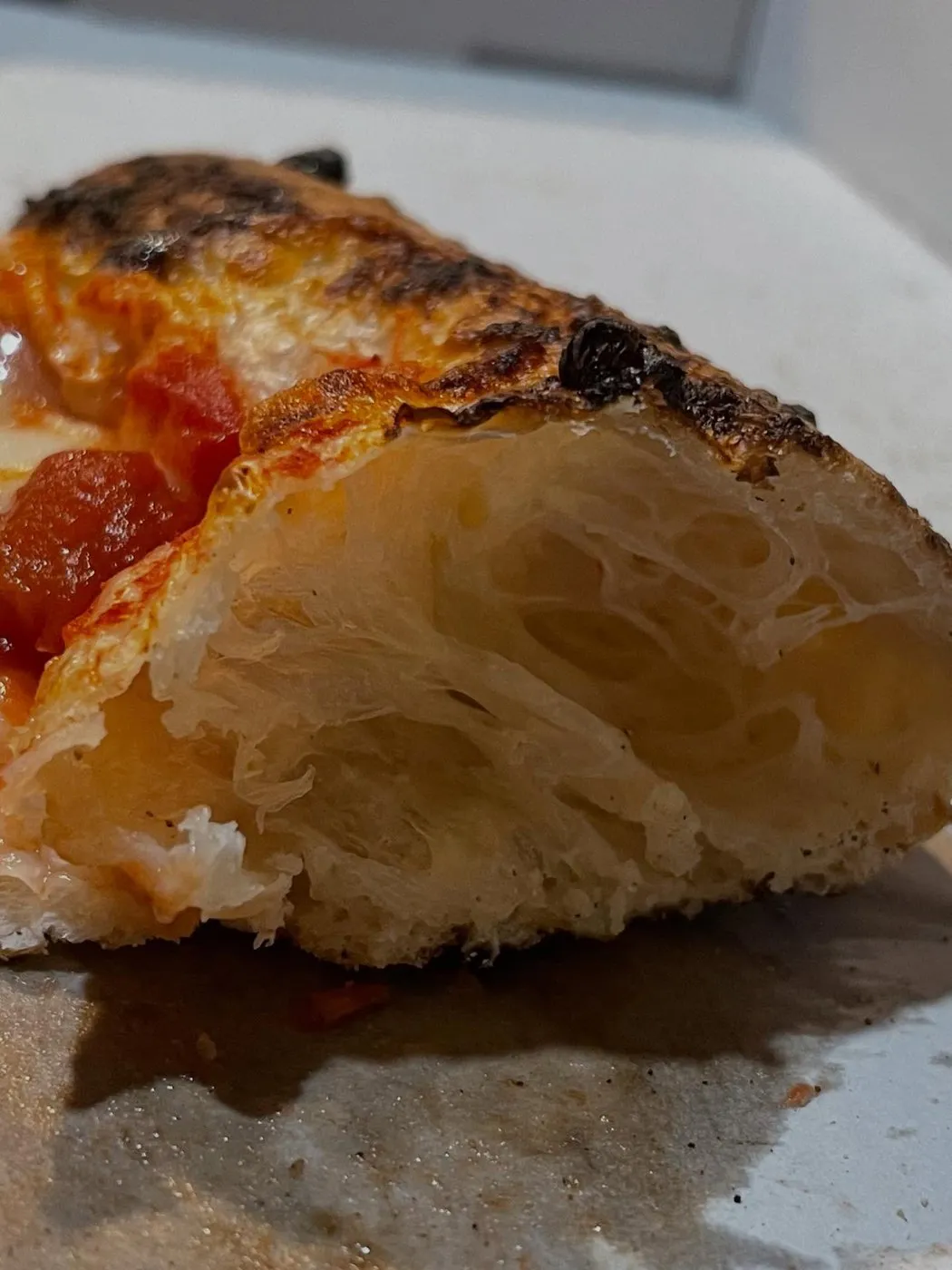A torn crust showing the open, airy crumb of their long fermentation dough