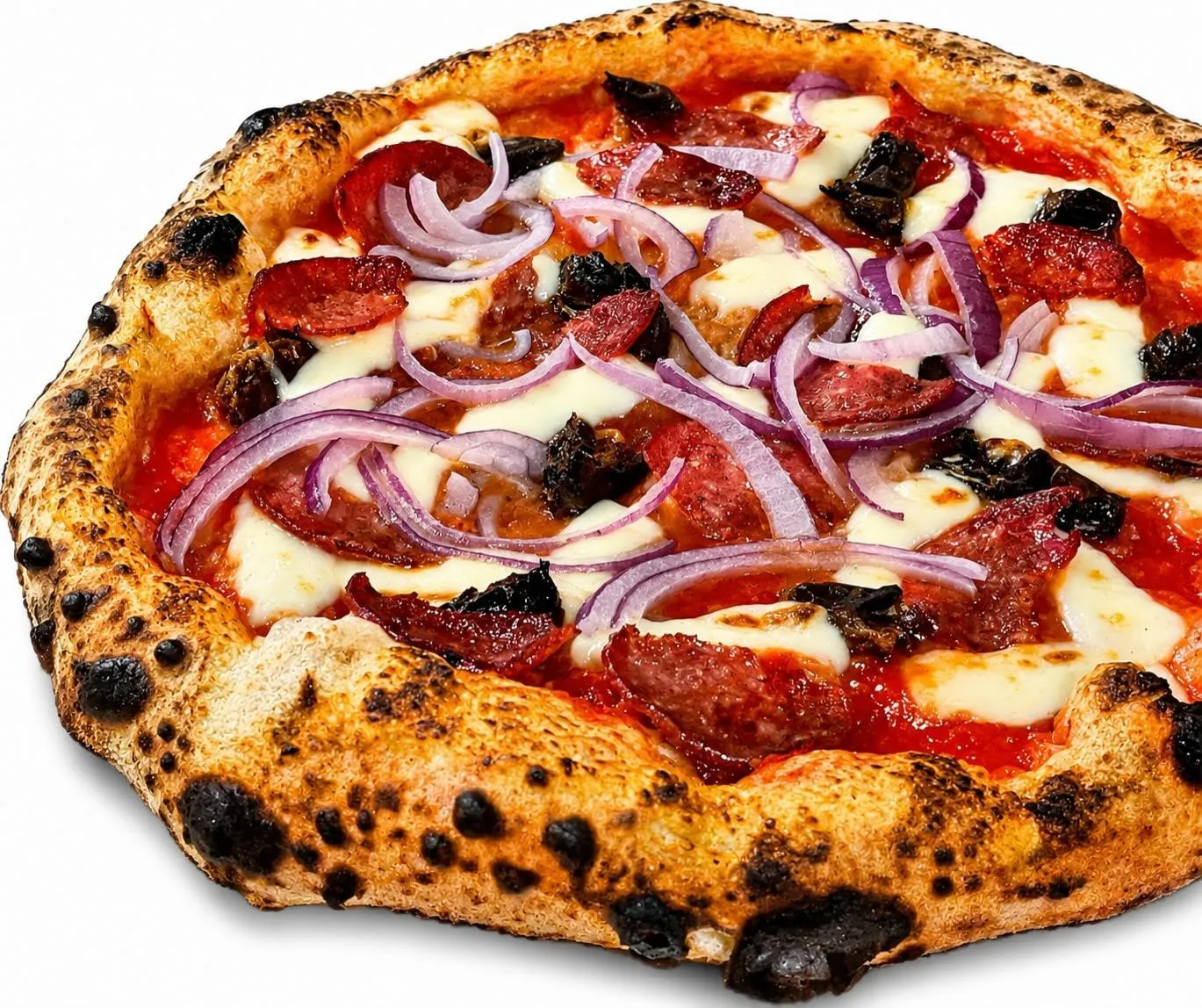 A whole Oliva pizza with a deep, leopard-spotted crust
